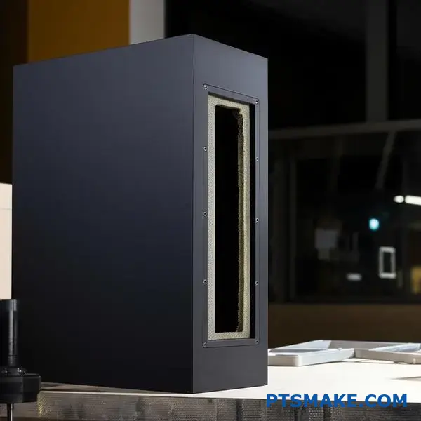 Black aluminum speaker enclosure with precise CNC cut edges and internal foam