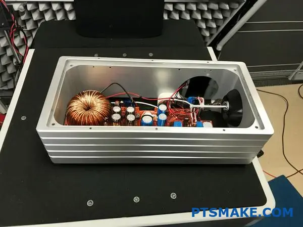 Aluminum audio speaker housing with internal crossover and electronic components