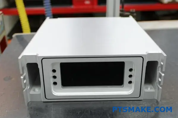 Silver aluminum audio enclosure with CNC precision and mounting details