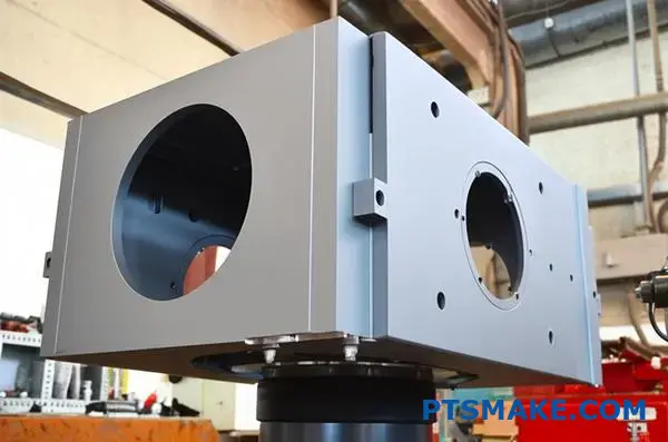 CNC machined aluminum speaker housing with threaded mounts and bracket holes