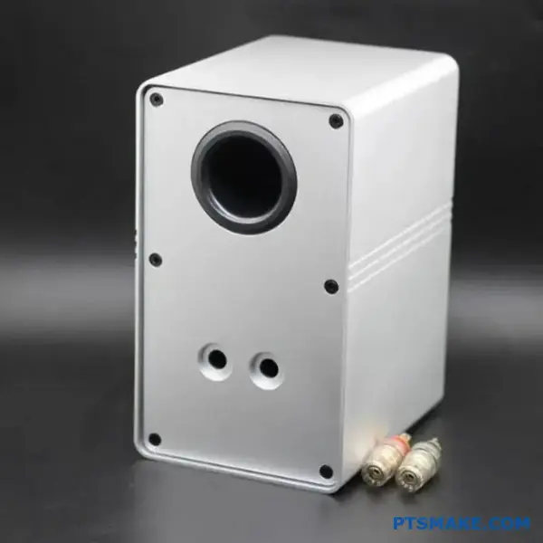 Brushed aluminum audio speaker box with anodized and etched surface