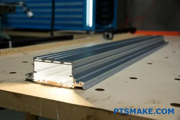 مقطع جانبي طويل من الألومنيوم LED مع شريط LED داخلي على طاولة صناعية