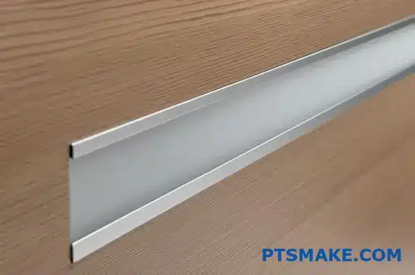 Perfil de alumínio LED prateado embutido em superfície de madeira