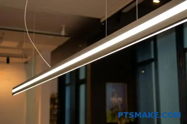 Perfil LED em alumínio suspenso sobre a secretária do escritório