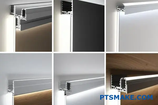 Perfis de alumínio LED instalados no teto, paredes de gesso, escadas e superfícies de armários