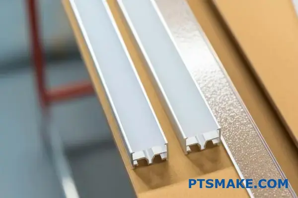 Difusores de luz LED em alumínio fosco e opalino com diferenças na transmissão da luz