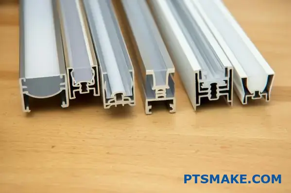 Amostras de canais de alumínio LED com coberturas transparentes, foscas e opacas
