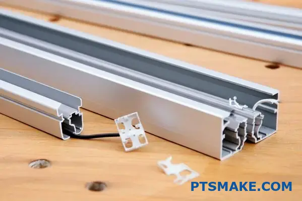 Perfis de alumínio LED desalinhados e mal montados com fios expostos