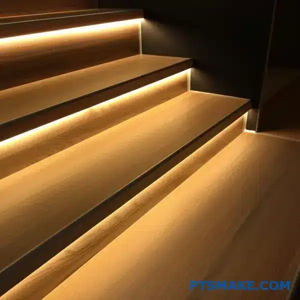 Perfis de iluminação LED em alumínio instalados em mobiliário e escadas