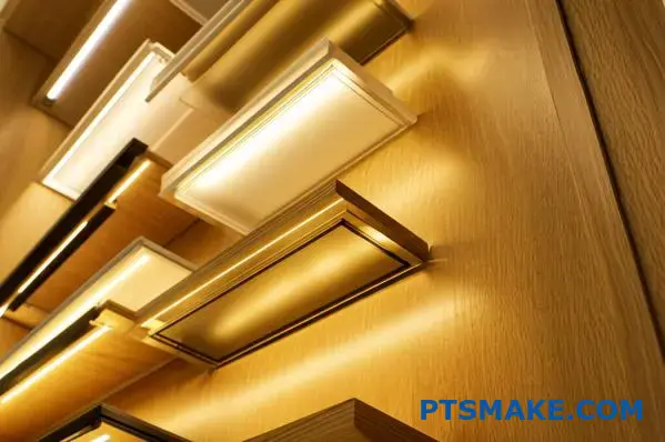 Perfis de alumínio LED integrados em prateleiras com iluminação de superfície, de encastrar e de rebordo