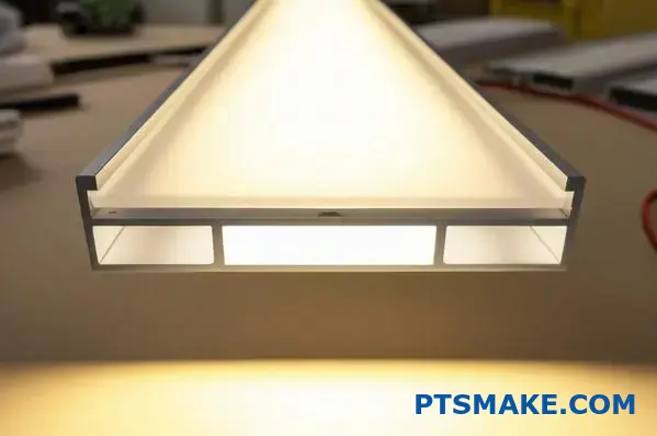 Iluminação LED em canal de alumínio sobre chapa acrílica translúcida, luz de fundo suave visível