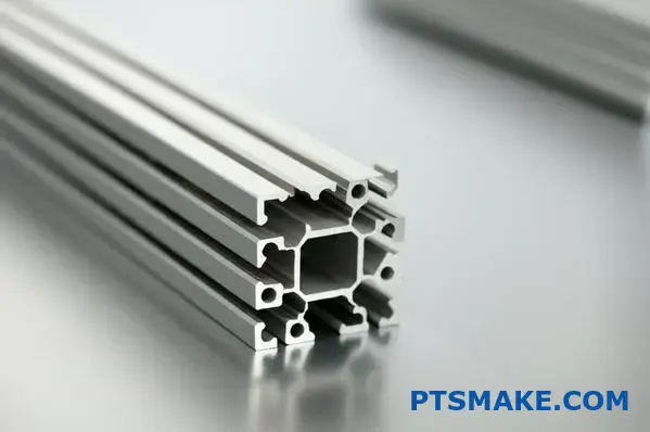 Detailed view of grooved silver t-slot aluminum profile on workbench