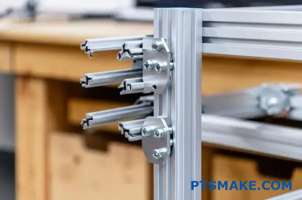 T-slot modular aluminum profile system with connectors and bolts shown