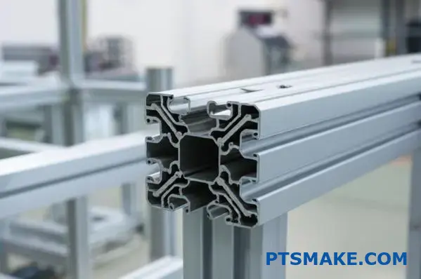 Silver T-slot aluminum frames used in machine assemblies and industrial workstations