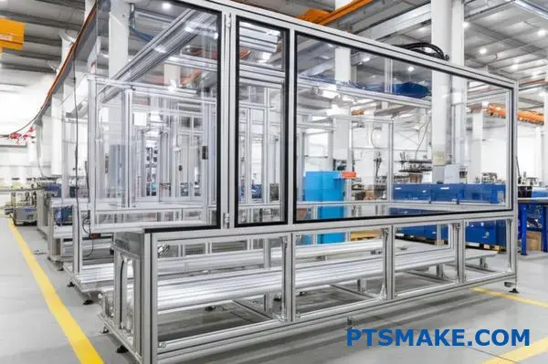 T-slot aluminum extrusion used for machine safety enclosure with clear polycarbonate panels