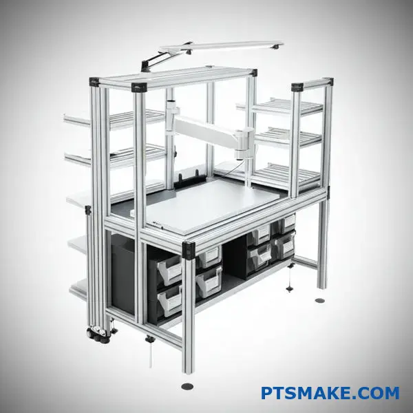 Modular t-slot aluminum workstation with accessories in industrial setting