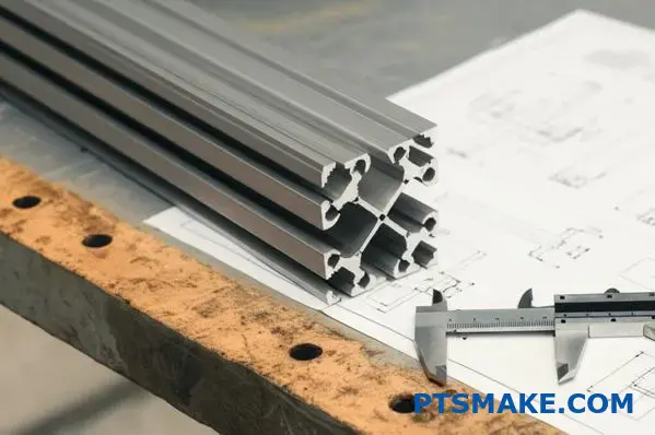 Detailed view of 20mm and 40mm t-slot aluminum profiles made from 6063-T6 alloy