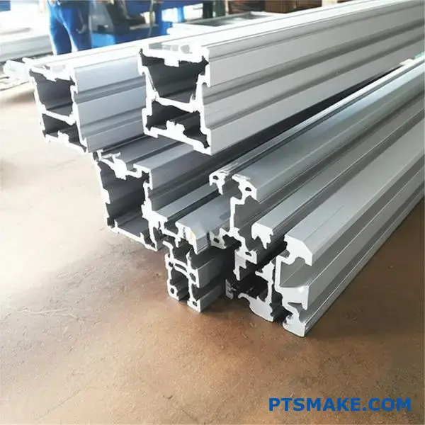 Various thick-wall t slot aluminum profiles demonstrating load capacity in workshop