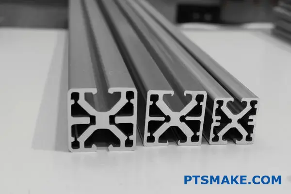 Three t-slot aluminum extrusion profiles showing different moments of inertia