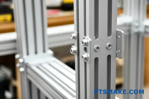 Assembled t slot aluminum frame with brackets and joining hardware