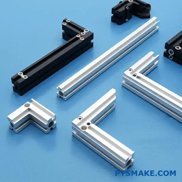 T-slot aluminum corner gussets and straight joining plates in various sizes and forms