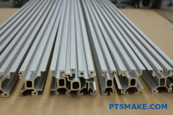Partially smooth and fully slotted T-slot aluminum extrusions comparison on table