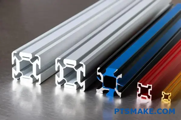 Various t slot aluminum profile pieces with custom colors and finishes