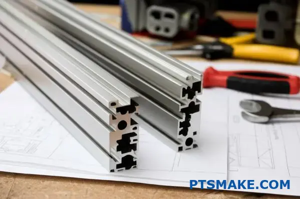 silver t slot aluminum profile frame with joints on workshop table
