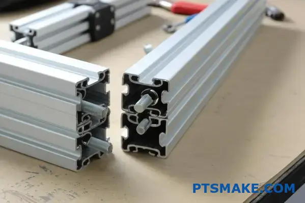 T-slot aluminum profile modular structure with black connectors and bolts