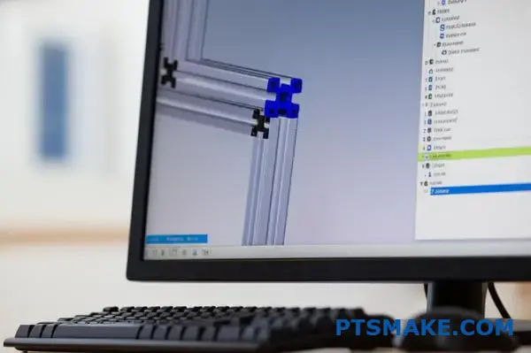 CAD software screen with 3D model of aluminum extrusion frame and parts list