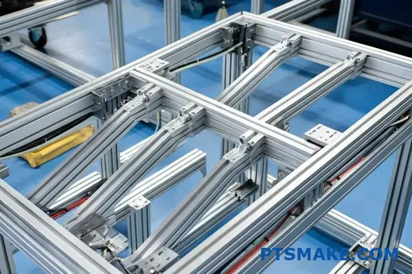 t-slot aluminum profile structure with 40x80 beams, bracing, and cable management