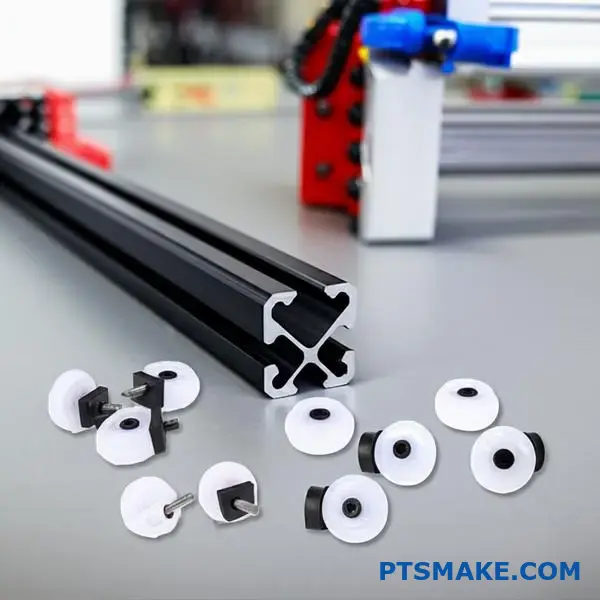 V-slot aluminum extrusion with Delrin wheels for linear motion systems