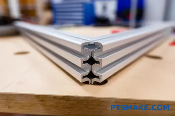 Silver V-slot aluminum profile showing V-shaped groove track for linear motion