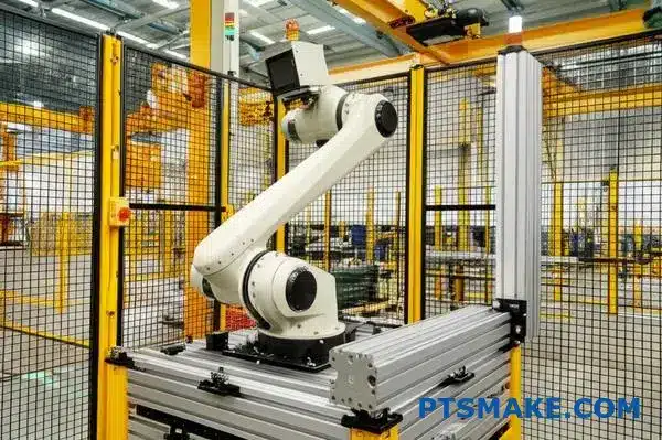 Industrial robotic cell built with aluminum T-slot framing and sensor mounts