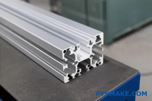 Close-up of thick wall aluminum t slot profile with inner webbing