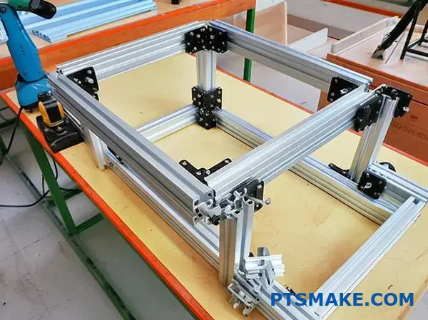 multiple t slot aluminum profiles with brackets and fasteners forming rigid connections