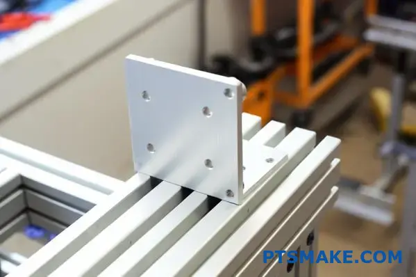 CNC machined aluminum bracket mounted on T-slot profile system