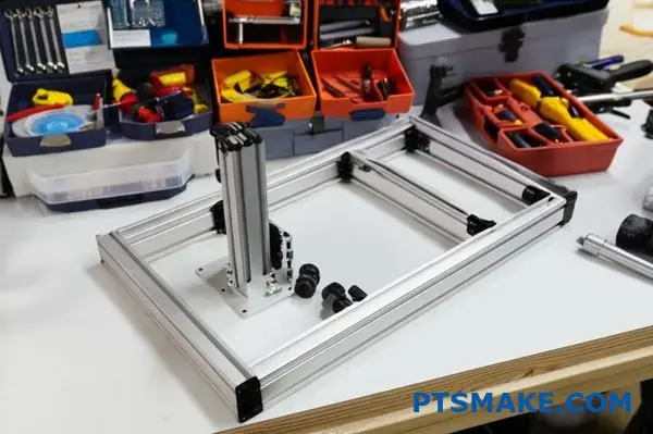 t-slot aluminum frame with custom cnc components and adjustable brackets