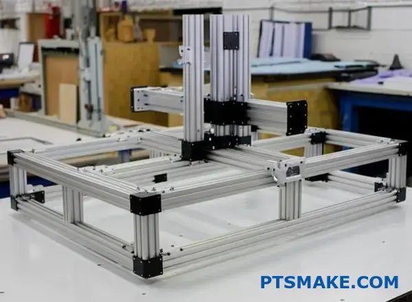 custom brackets mounted on modular t-slot aluminum extrusion frame
