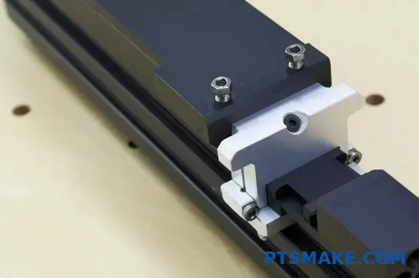 Aluminum CNC bracket mounted on black t-slot profile with screws