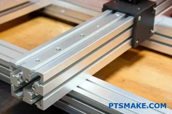 custom machined metal bracket mounted on t-slot aluminum extrusion frame