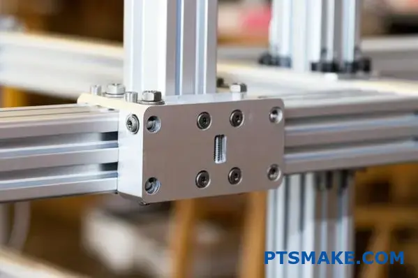 Custom CNC aluminum bracket mounted on silver T slot aluminum extrusion frame
