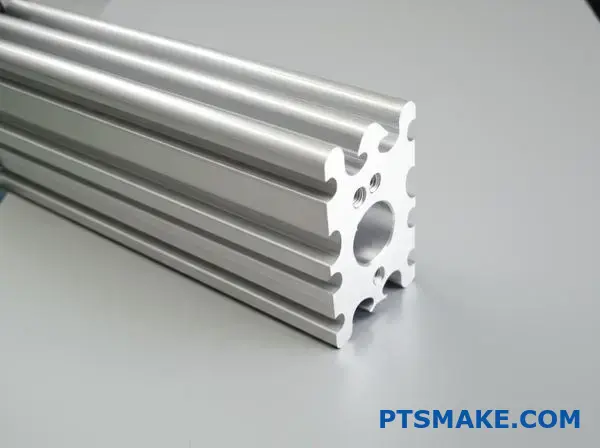Aluminum CNC mounting block with counterbores mounted onto T-slot aluminum extrusion