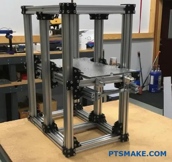 Custom CNC brackets on modular T-slot aluminum profile frame assembly