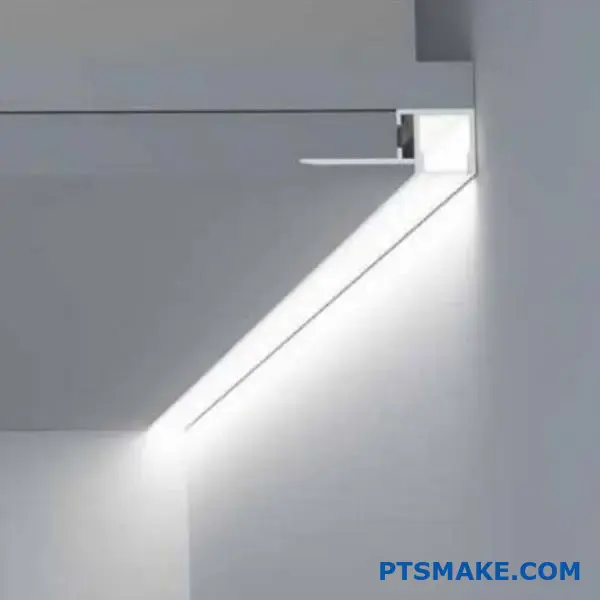 Perfil LED de alumínio montado em superfície de betão com ferramentas de instalação visíveis