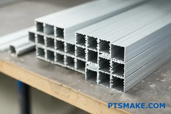 Brushed silver aluminum channel extrusions arranged on workshop table