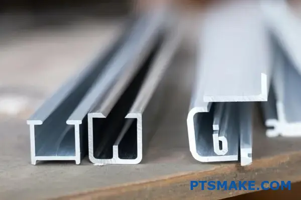 Aluminum U-shaped and C-shaped channel extrusions side by side