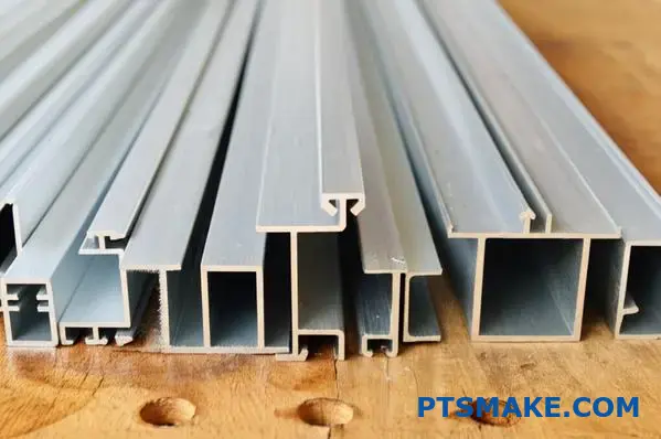 Different aluminum channels extrusions with varying sizes and thicknesses side by side