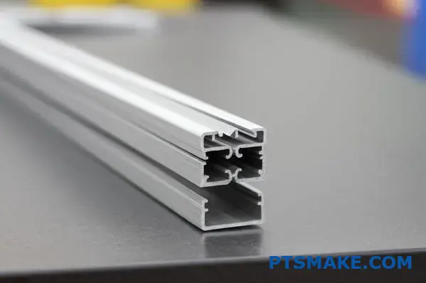 Smooth anodized aluminum channel extrusion with silver finish on workbench