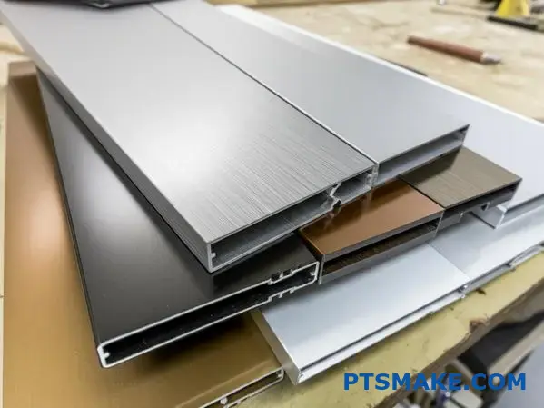 Various anodized and powder coated aluminum surfaces on workshop table